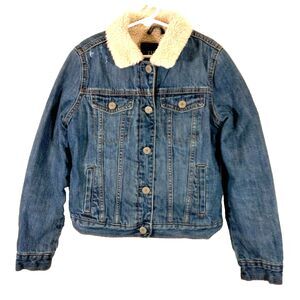 GAP Sherpa Jacket Coat Girls Large Fur Lined Jean Denim Coat Button Up